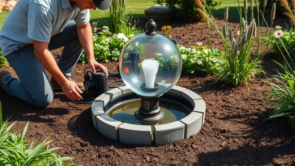 Installation de la fontaine à bille Processus d'installation d'une fontaine à bille pour oiseaux dans un jardin.